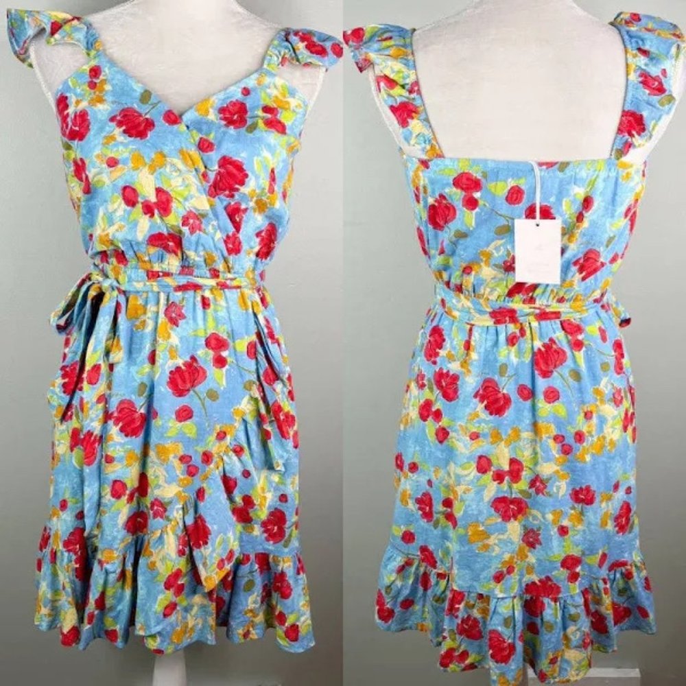 LC LAUREN CONRAD floral WRAP DRESS sleeveless BELT blue SIZE xxl - Picture 1 of 13